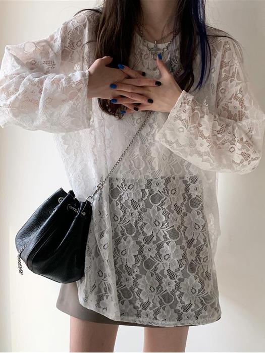 【348】レーストップス レディース シアー 長袖 Tシャツ 透け感 カットソー 重ね着風 フェミニン 体型カバー 春夏新作 韓国ファッション風 レイヤード用インナー