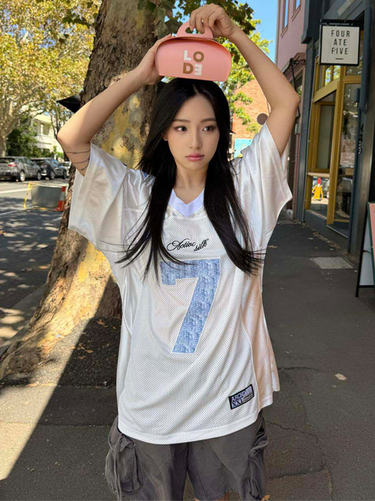 【251】オーバーサイズ Vネック ナンバープリント ジャージ風Tシャツ レディース ビッグシルエット 半袖トップス スポーツMIX ゆったり 2025夏新作 ストリートカジュアル 男女兼用 ナンバープリントTシャツ
