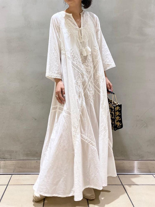 【691】「即完売注意!」ロング丈 Aラインワンピース レディース ゆったりシルエット 刺繍入り 七分袖 リボン付き 涼しげコットン素材 夏新作 高身長さん向け