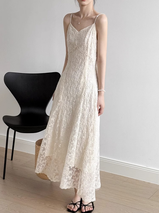【629】『華やか刺繍で視線集中』ホワイト レースキャミワンピース レディース 夏 お呼ばれ 結婚式 パーティー 二次会 お出かけ 上品 高見え ロングドレス フォーマル 体型カバー エレガント