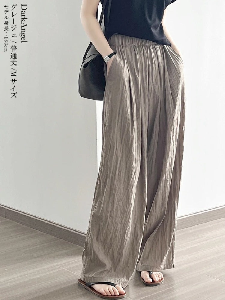 4色展開 ハイウエスト ワイドパンツ レディース 薄手 綿麻風 ゆったり 楽ちん ロング丈 体型カバー ウエストゴム 涼感 カジュアル 夏新作