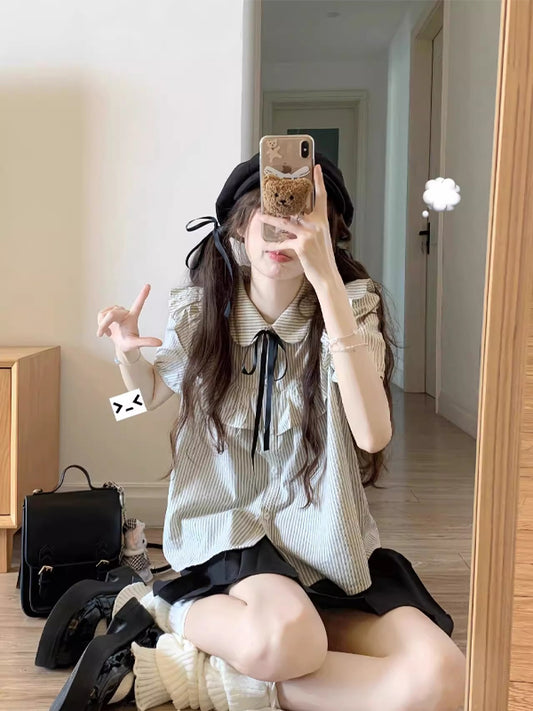 【486】JK制服 2点セット 単品販売 リボン 学生 ストライプ柄 シャツ スカート おしゃれ セットアップ cos お揃い 七五三 入学式 卒業式 春夏