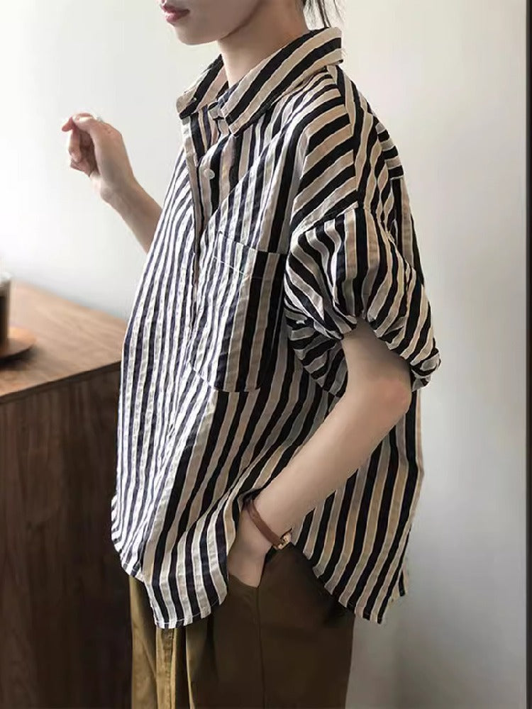 ID788 2色展開 ストライプ柄 シャツ レディース 五分袖 バルーンスリーブ ゆったり ショート丈 高見え トップス 夏 カジュアル