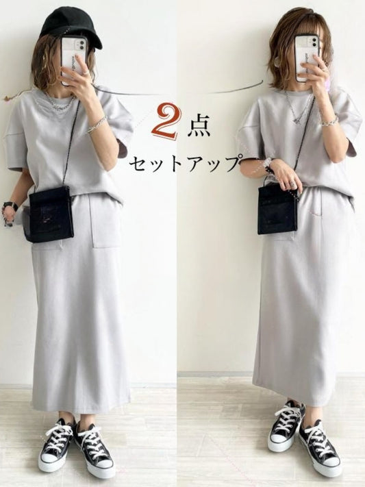 【261】上下セットで即コーデ完成!セットアップ レディース クルーネックTシャツ+ストレートスカート 2点セット ロング丈 スリム見え きれいめカジュアル 春 夏 秋 2025夏新作