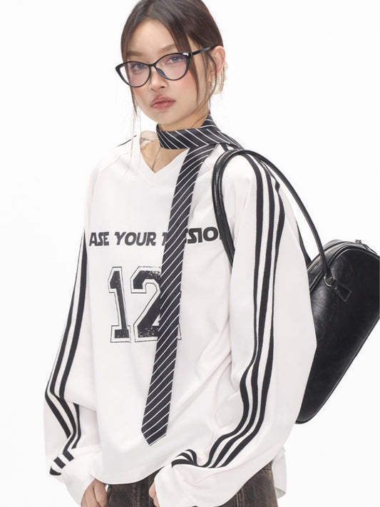 【254】Vネックライン入り ジャージ風スウェットトップス レディース Tシャツ 長袖 オーバーサイズ 春秋 スポーティー ゆったり ユニセックス