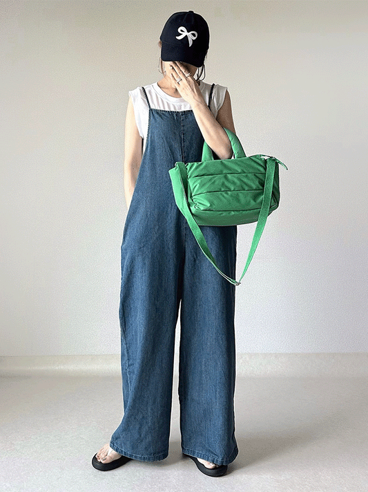 【443】ゆるっと大人カジュアル デニムサロペット レディース ワイドパンツ 体型カバー オールインワン ロング丈 ゆったり シンプル 無地 春夏新作
