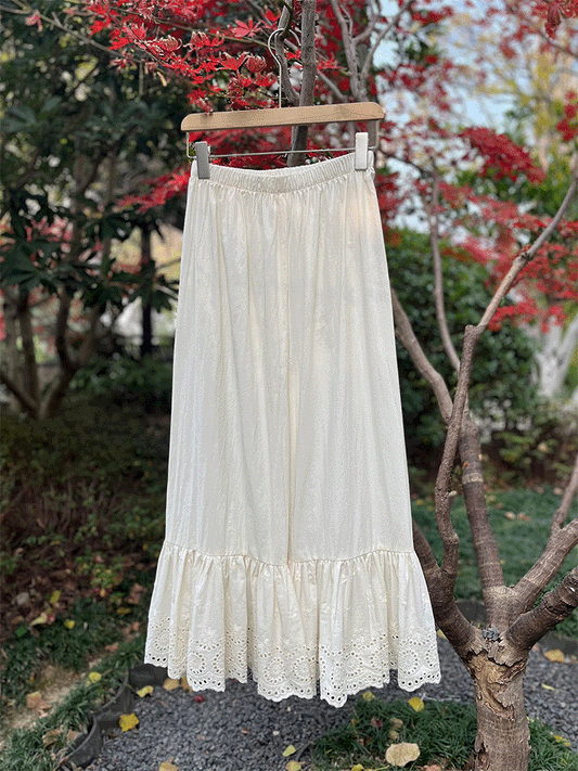 【518】甘め刺繍コットンペチコートパンツ ロング丈 総ゴムウエスト 透かしレース フリル裾 重ね着 インナー レディース