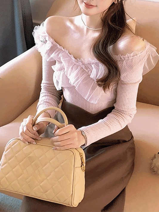 【419】チュール切り替え フラワーモチーフ付き オフショルダー ニット 長袖 フェミニン 可愛い ガーリー デート 着回し 体型カバー