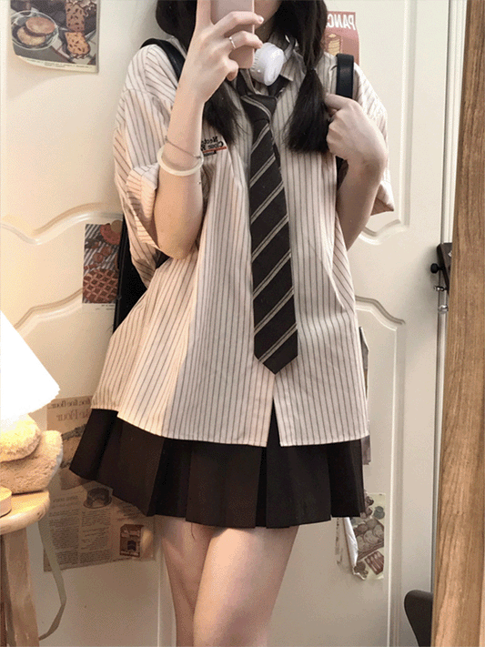 【588】2色展開 2点セット ストライプ柄 半袖シャツ +プリーツスカートレディース タイ付き 夏 学院風 ゆったり 韓国風 制服 百搭