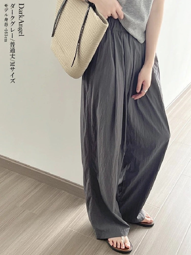 4色展開 ハイウエスト ワイドパンツ レディース 薄手 綿麻風 ゆったり 楽ちん ロング丈 体型カバー ウエストゴム 涼感 カジュアル 夏新作