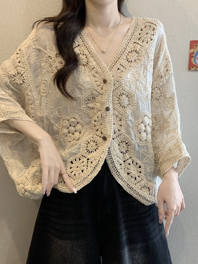 【757】Vネック かぎ針編み レース カーディガン 透かし彫り 長袖 ゆったり 日焼け対策 エアコン対策