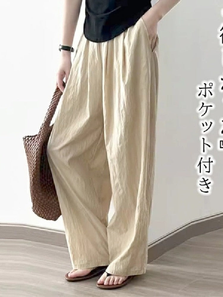 4色展開 ハイウエスト ワイドパンツ レディース 薄手 綿麻風 ゆったり 楽ちん ロング丈 体型カバー ウエストゴム 涼感 カジュアル 夏新作