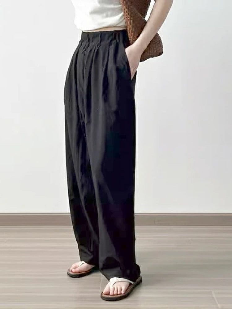 4色展開 ハイウエスト ワイドパンツ レディース 薄手 綿麻風 ゆったり 楽ちん ロング丈 体型カバー ウエストゴム 涼感 カジュアル 夏新作