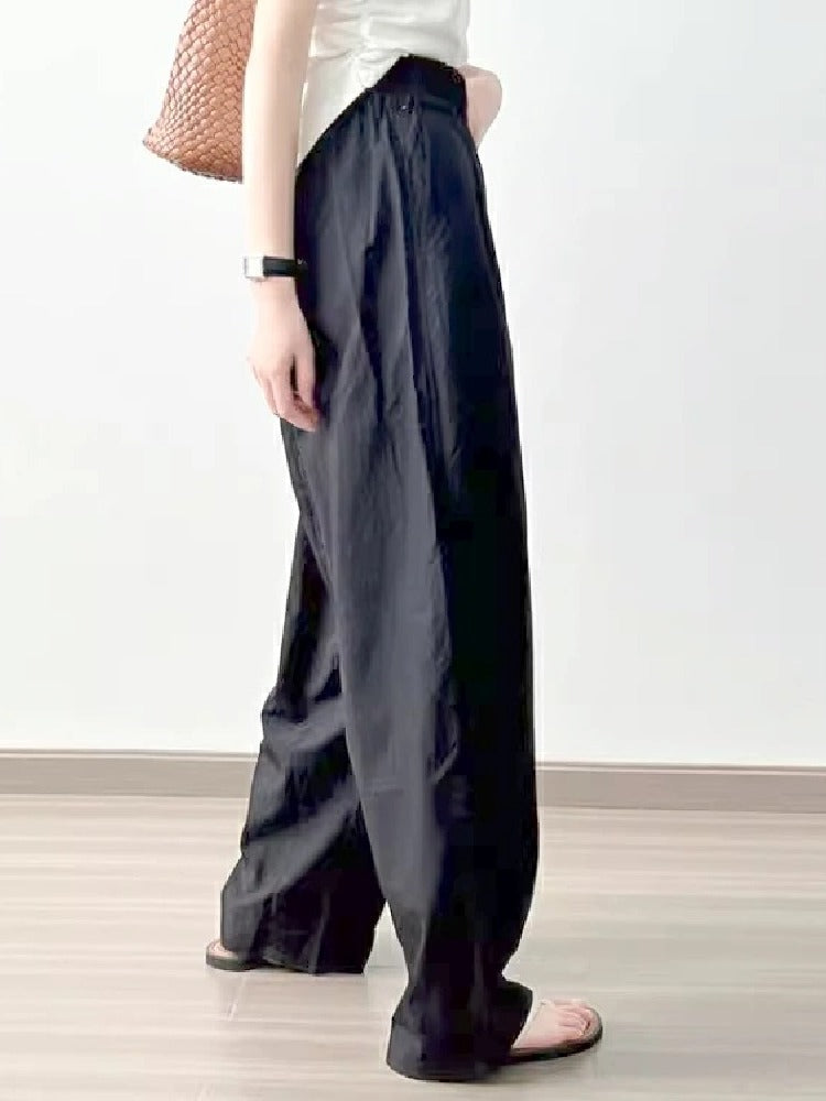 4色展開 ハイウエスト ワイドパンツ レディース 薄手 綿麻風 ゆったり 楽ちん ロング丈 体型カバー ウエストゴム 涼感 カジュアル 夏新作