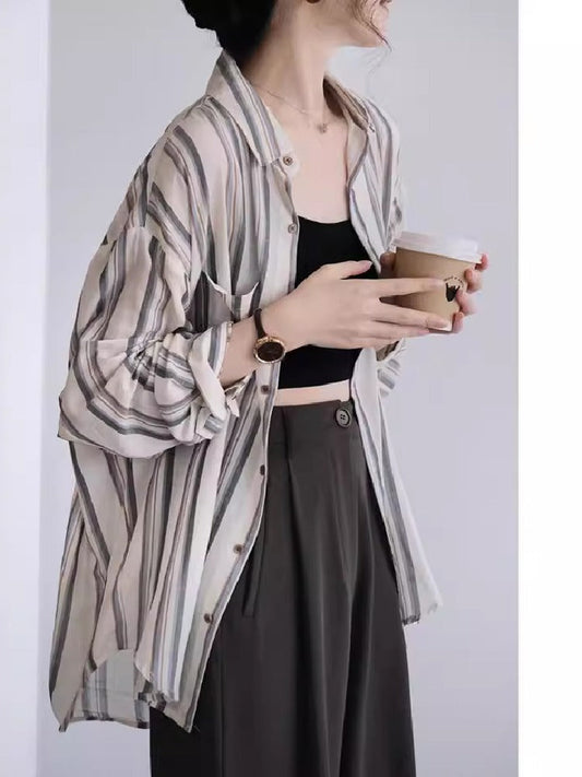 【742】UVカット シフォン ストライプ シャツ レディース 長袖 薄手 カーディガン 夏用 透け感 通気性 冷房対策 日焼け防止 オープンカラー 2025春夏新作