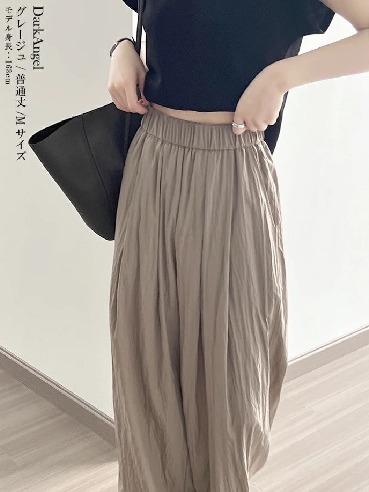 4色展開 ハイウエスト ワイドパンツ レディース 薄手 綿麻風 ゆったり 楽ちん ロング丈 体型カバー ウエストゴム 涼感 カジュアル 夏新作