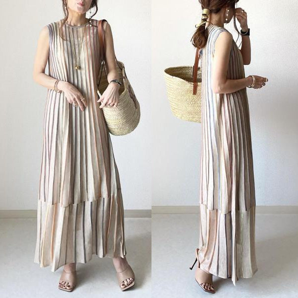【701】ストライプ柄 ノースリーブ ロングワンピース レディース ラウンドネック ゆったり シンプル ナチュラル 夏服 体型カバー マキシ丈