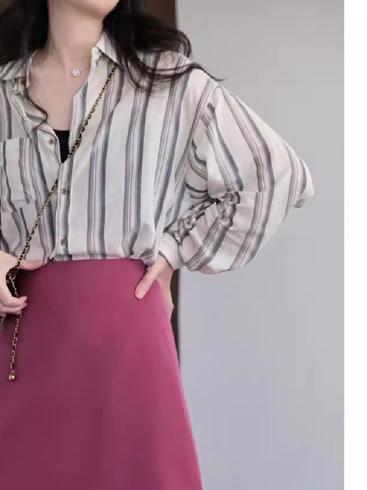 【742】UVカット シフォン ストライプ シャツ レディース 長袖 薄手 カーディガン 夏用 透け感 通気性 冷房対策 日焼け防止 オープンカラー 2025春夏新作