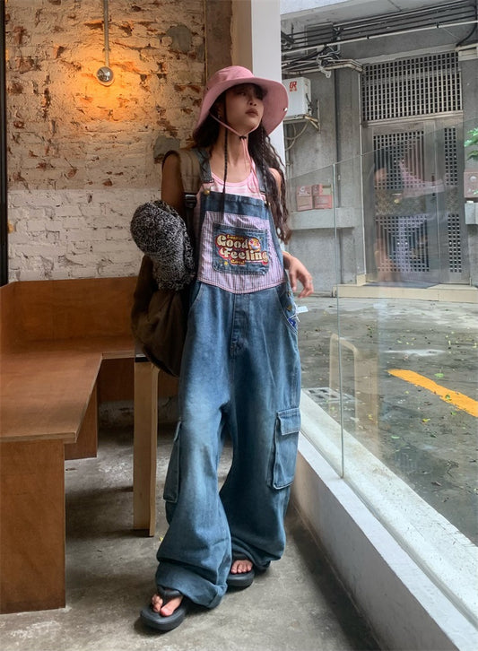 【352】サロペット レディース デニム 刺繍入り 小熊モチーフ ヴィンテージ風 ワイドパンツ 大きめポケット ゆったり カジュアル 秋コーデ