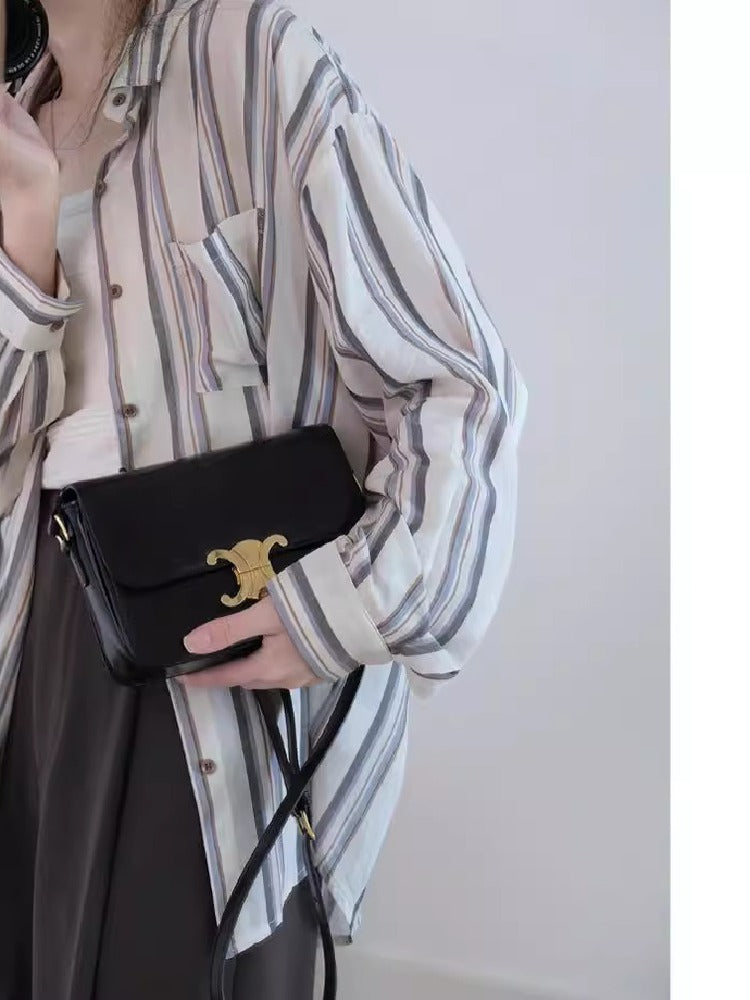 【742】UVカット シフォン ストライプ シャツ レディース 長袖 薄手 カーディガン 夏用 透け感 通気性 冷房対策 日焼け防止 オープンカラー 2025春夏新作