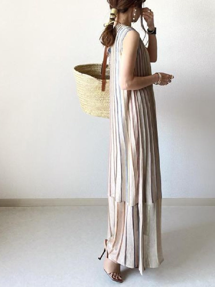 【701】ストライプ柄 ノースリーブ ロングワンピース レディース ラウンドネック ゆったり シンプル ナチュラル 夏服 体型カバー マキシ丈