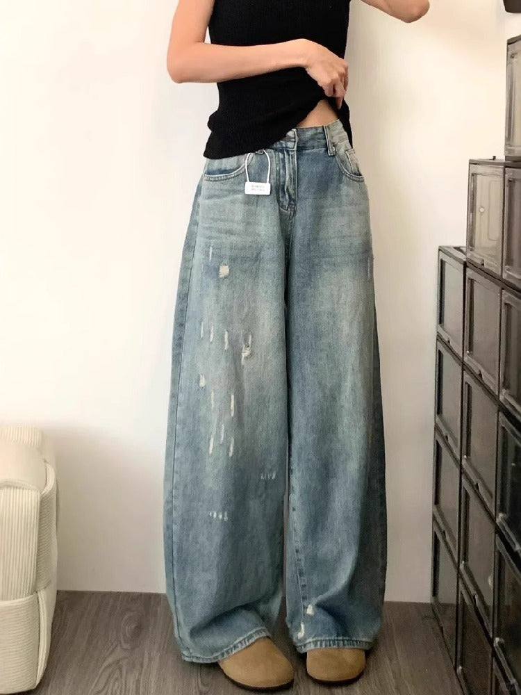 【737】アメリカンヴィンテージ デニムパンツ レディース ハイウエスト ストリート スタイル ブルー ダメージ加工 ワイドレッグ ルーズ フィット 美脚 ストレートパンツ カジュアル 春夏新作