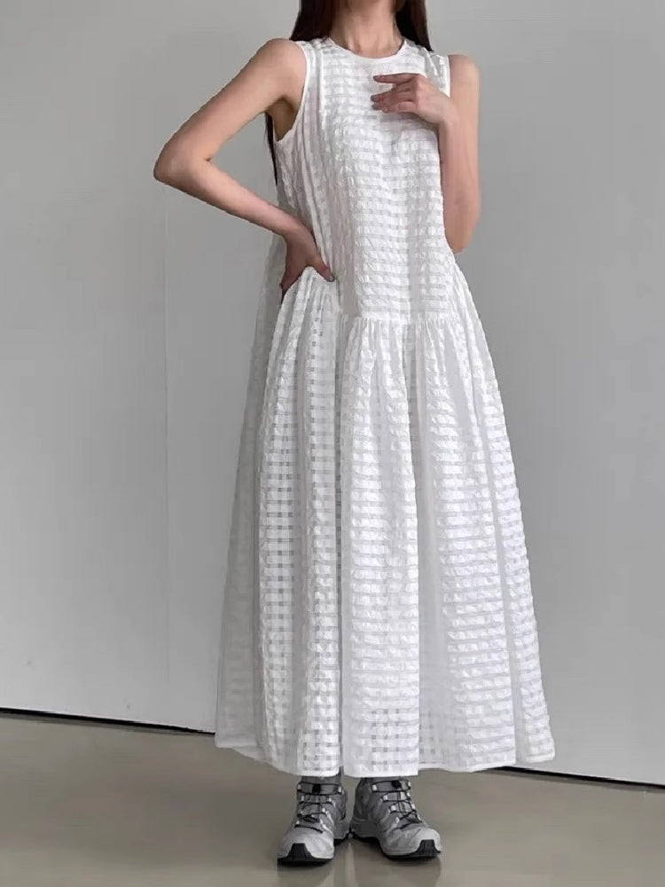 ID775 3色展開 ノースリーブ ロングワンピース レディース 丸首