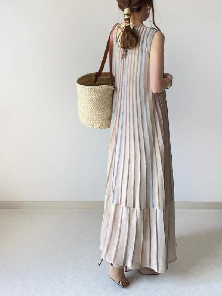 【701】ストライプ柄 ノースリーブ ロングワンピース レディース ラウンドネック ゆったり シンプル ナチュラル 夏服 体型カバー マキシ丈