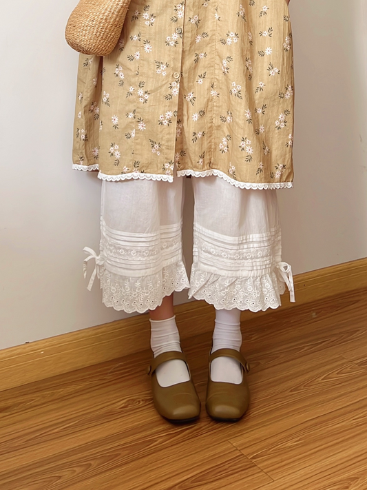【516】[重ね着にぴったり] 綿100% レースペチパンツ レディース 森ガール系 八分丈 ゆったり ゴムウエスト 蝶結び付き インナー 春夏新作