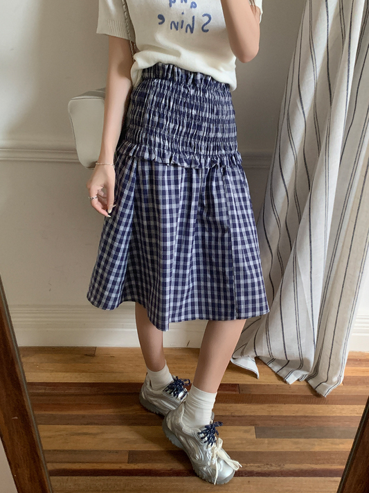 【564】2WAY チェック柄シャーリングワンピース/スカート レディース 松緊ウエスト 木耳フリルデザイン 着痩せ ミモレ丈 夏新作 大人可愛い 体型カバー 外出/部屋着