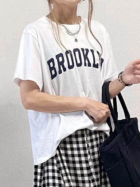 【339】[2点セットで即コーデ完成！] ロゴTシャツ+チェック柄フレアスカート セットアップ レディース 半袖トップス ウエストゴム ギャザー ロングスカート カジュアル 体型カバー 2025春夏新作