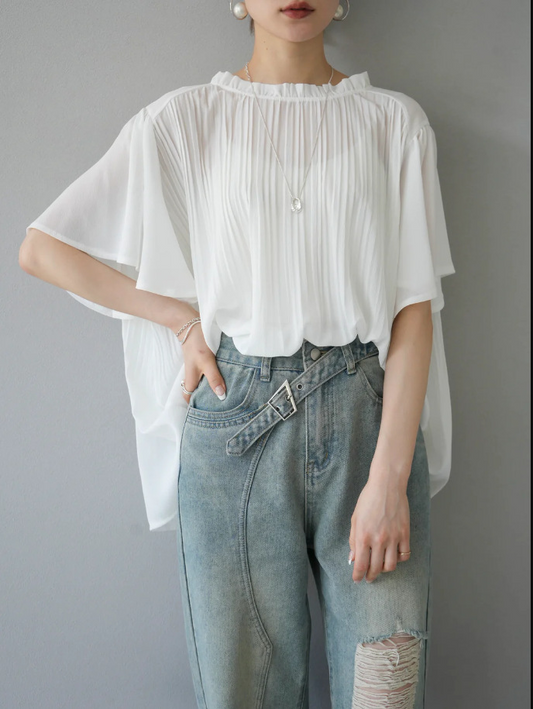 【684】ラッフルネック プリーツ シフォンブラウス レディース 半袖 ゆったり シアー素材 体型カバー 涼しげ トップス 夏 フェミニン 2色展開