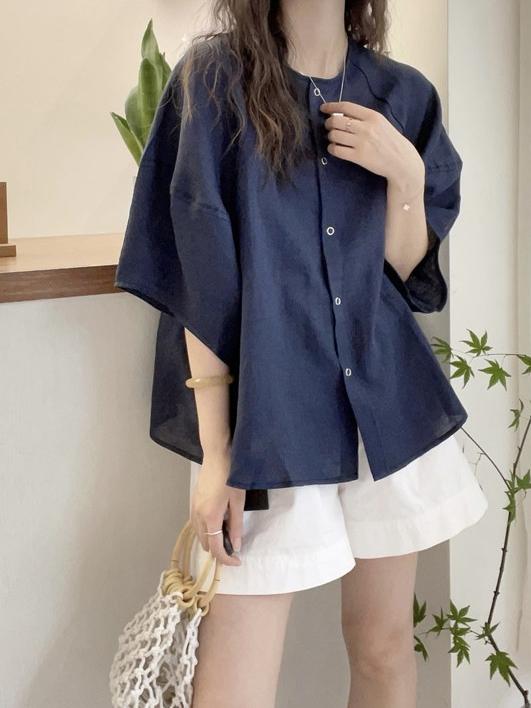 【404】M〜4XL対応 ラウンドネック 麻混シャツ レディース 夏 体型カバー ゆったり 五分袖 バルーンスリーブ カジュアル ブラウス