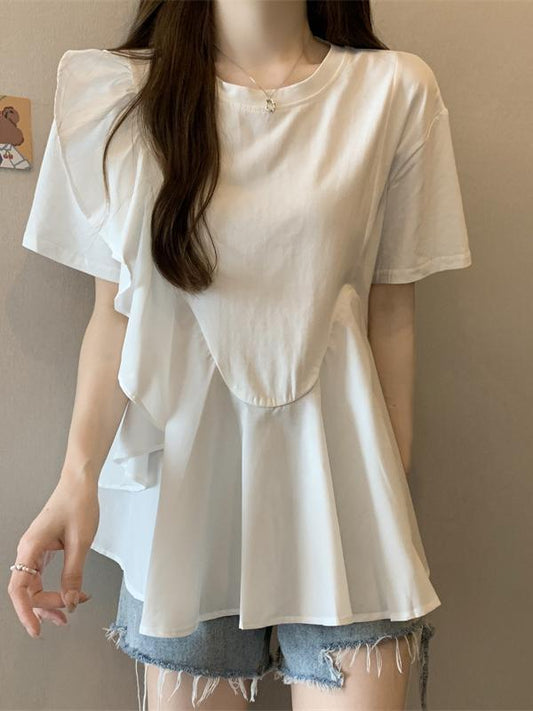 【377】S〜4XL対応 フリルデザイン Tシャツ レディース フェミニン トップス 体型カバー フレア 裾ティアード 着回し 半袖 カジュアル おしゃれ 2025夏新作