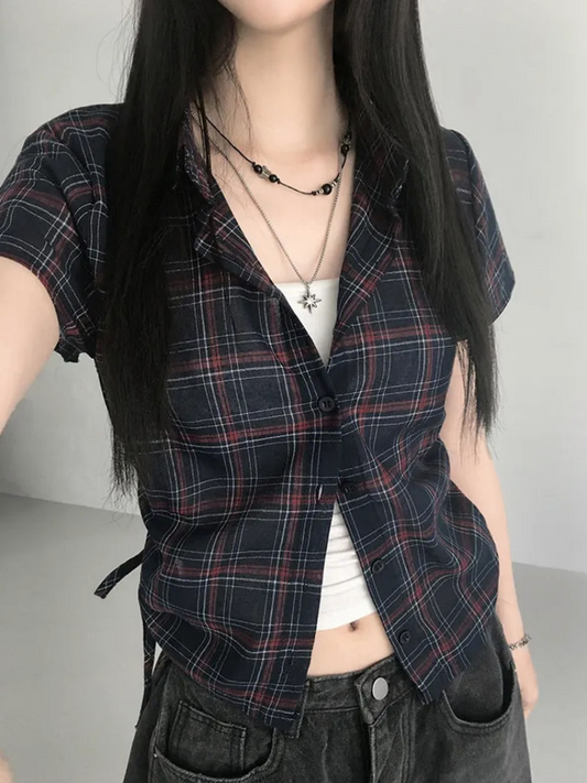 【607】2色展開 チェック柄 ショート丈 半袖 シャツ レディース ウエストタック 体型カバー 小柄女子向け 韓国風 カジュアル 夏