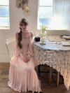 【411】[エアリー感満載！軽やか素材で優美に揺れる] 大人可愛い シフォン オフショルダー リボンタイ付き ロングワンピース 軽やか 大きめフレア袖 大きいスカート お呼ばれ ドレス パーティー 発表会 デート