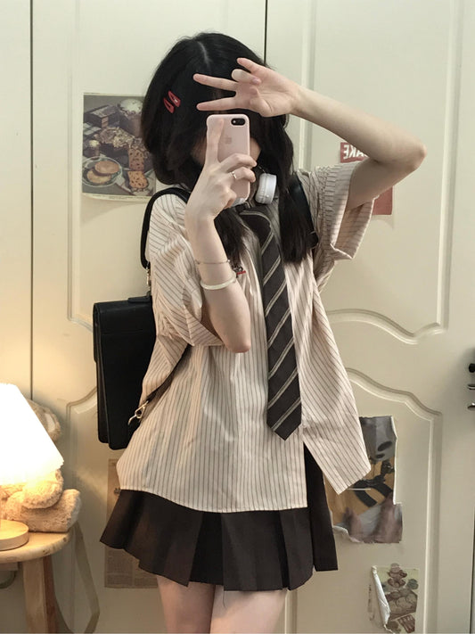 【588】2色展開 2点セット ストライプ柄 半袖シャツ +プリーツスカートレディース タイ付き 夏 学院風 ゆったり 韓国風 制服 百搭