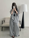 【653】2色展開 2点セット コットンロールアップTシャツ+ワイドパンツ セットアップ レディース 夏 ベーシック 韓国風 ルームウェア 外出 散歩 カジュアル