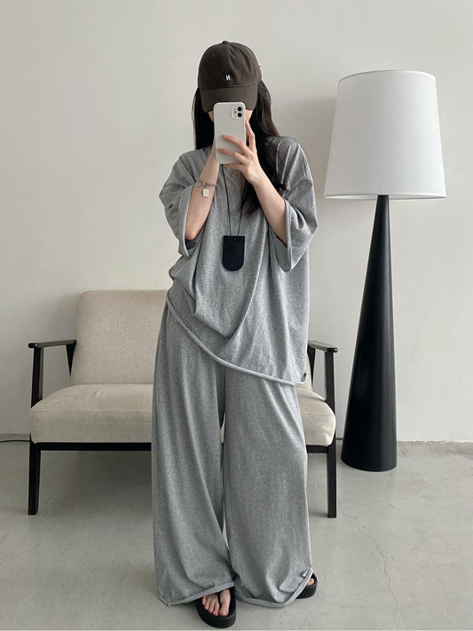 【653】2色展開 2点セット コットンロールアップTシャツ+ワイドパンツ セットアップ レディース 夏 ベーシック 韓国風 ルームウェア 外出 散歩 カジュアル