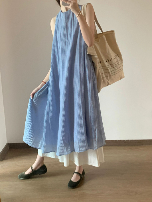 【635】「1枚で楽ちんオシャ見え」フェイクレイヤード ワンピース レディース ノースリーブ ゆったり 体型カバー ロング丈 夏 ストライプ風