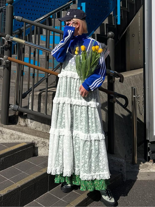 【396】透け感が魅力 刺繍レース キャミワンピース レディース 春夏新作 体型カバー ロング丈 インナー重ね着スタイル