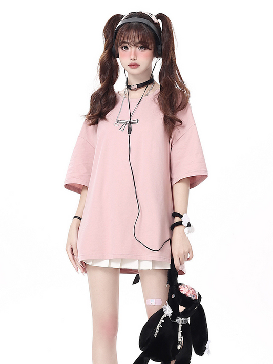 【512】[この夏絶対使える] S〜3XL対応 バックリボン レースアップ Tシャツ レディース 半袖 綿 ゆったり オーバーサイズ 韓国風 地雷系 ガーリー 夏新作