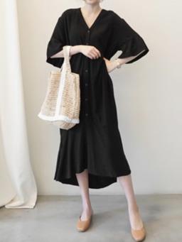 【306】[大人可愛い！] Vネック コットンリネン ワンピース レディース 五分袖 フレア マキシ丈 ゆったり 体型カバー ナチュラル 夏服 春夏新作