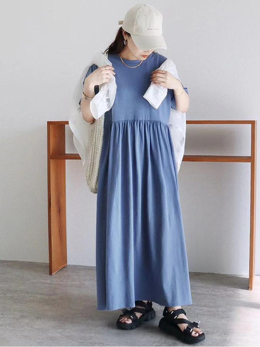 【554】3色展開 コットン ギャザー ワンピース レディース 半袖 ゆったり 体型カバー オーバーサイズ 夏新作 カジュアル 大人可愛い マキシ丈ワンピ