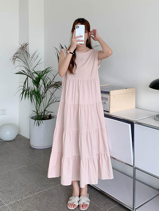 【566】4色展開 ティアードワンピース ノースリーブ ロング丈 ゆったりシルエット 丸首 体型カバー 夏ワンピ 大人カジュアル 部屋着/外出