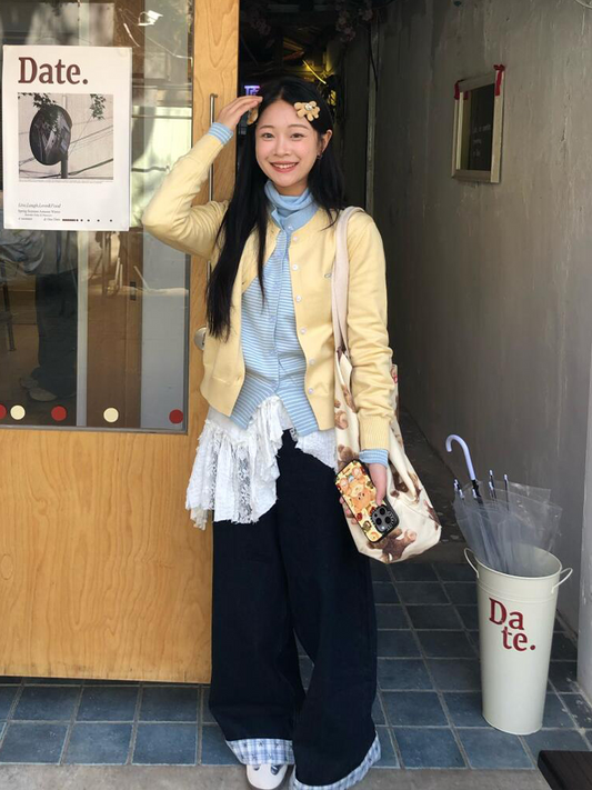 【174】春新作 ニット カーディガン アウター ブルーストライプ × ミルキーイエロー 配色デザイン ラウンドネック レイヤード風 レディース