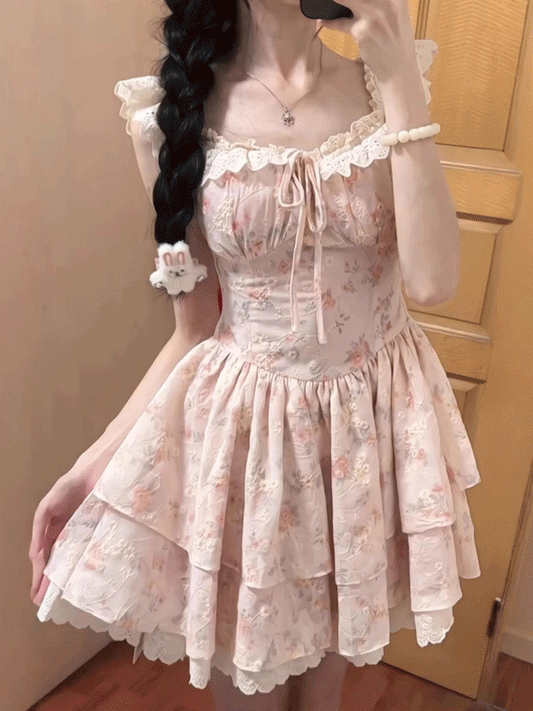 【416】[夢かわ·ふんわり二段ティアードで可愛さ満点] 小花柄 ワンピース 春夏新作 レディース ピンク ブルー レース プリント 花柄 地雷系  ガール系 ロリータ 原宿系 Aライン