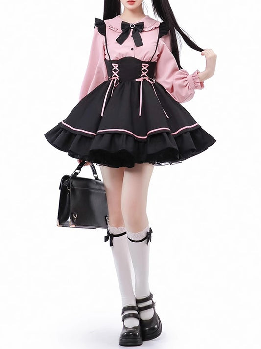 【493】フリルドールカラーブラウス 2点セット 単品販売 量産型 キャミワンピース リボンブラウス レディース トップス ブラウス シャツ 長袖 地雷系  春 夏 秋 冬  量産型 地雷系 参戦服 ロリータ ゴスロリ 大きいサイズ サブカル 闇系 夢展望