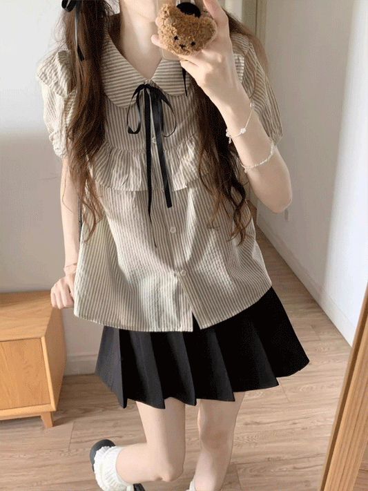 【486】JK制服 2点セット 単品販売 リボン 学生 ストライプ柄 シャツ スカート おしゃれ セットアップ cos お揃い 七五三 入学式 卒業式 春夏