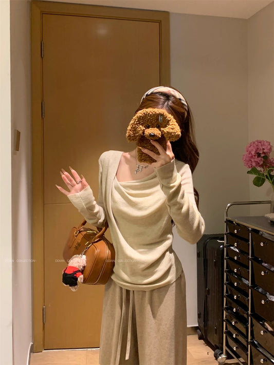 【100】春新作 オフショルダー 長袖 Tシャツ スリーブ ニット レディース トップス アシンメトリーデザイン 斜めショルダー 柔軟加工